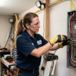 A pony-tailed electrician wiring a home breaker panel.