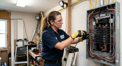 A pony-tailed electrician wiring a home breaker panel.