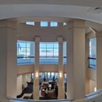 Interior view of New Britain Superior Court foyer and atrium, from second floor looking out.