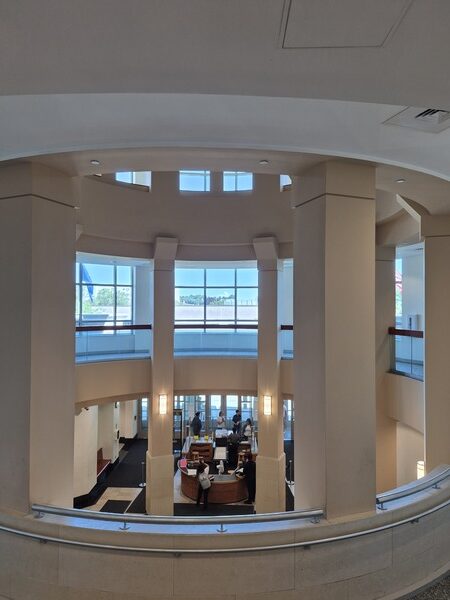 Interior view of New Britain Superior Court foyer and atrium, from second floor looking out.