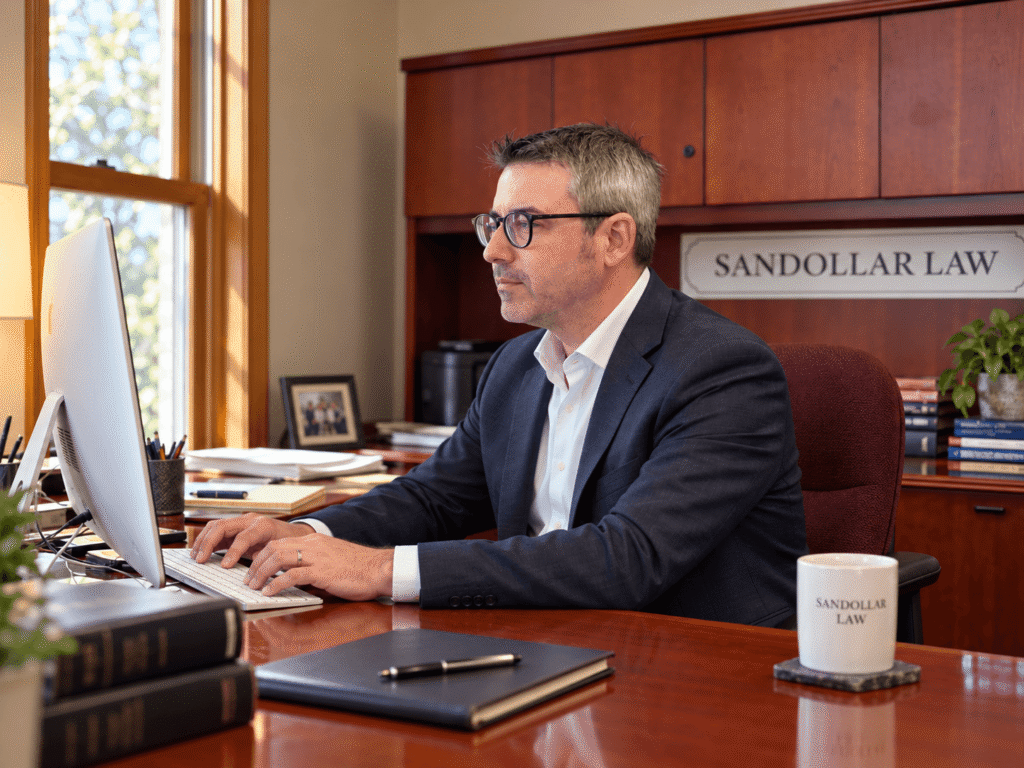 Alan Harrison working in the Sandollar office.