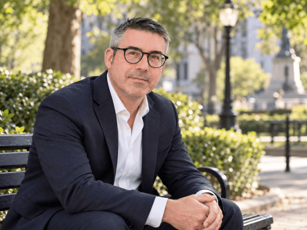 Alan Harrison thinking on a park bench, about to speak.